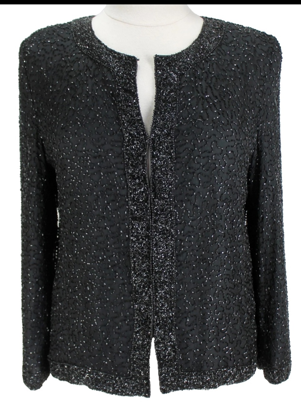 Laurence Kazar Vintage Black 100% Silk Beaded Jacket Size M Evening Formal